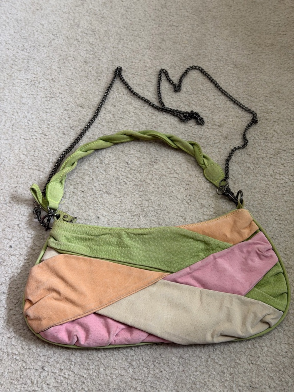 Far Nine Suede Multicolored Patchwork Purse Crossbody Faux Handbag Chain